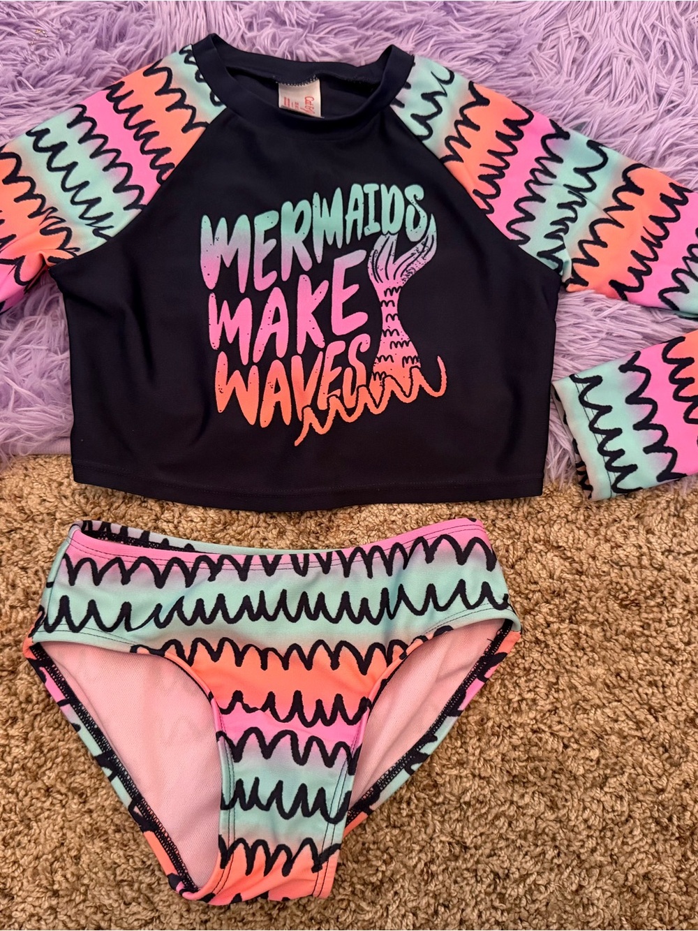 Cat & Jack Black Bikini Set with Pink, Aqua & Coral Wave Print